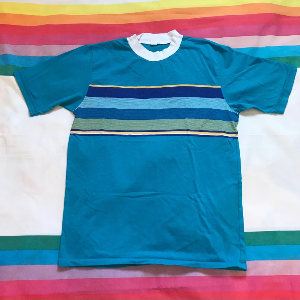 Turquoise 80s Striped Ringer T Shirt Men’s Small